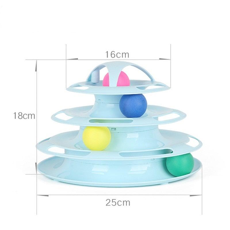 Stevvex interactive cat toy triple-disc spiral track tower with three balls in blue plastic on Tampa Home & Garden Store