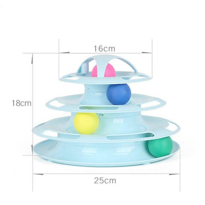 Stevvex interactive cat toy triple-disc spiral track tower with three balls in blue plastic on Tampa Home & Garden Store