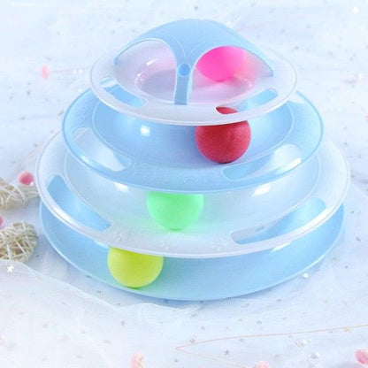 Stevvex interactive cat toy three-tier ball track with pastel blue discs and colorful balls on Tampa Home & Garden Store