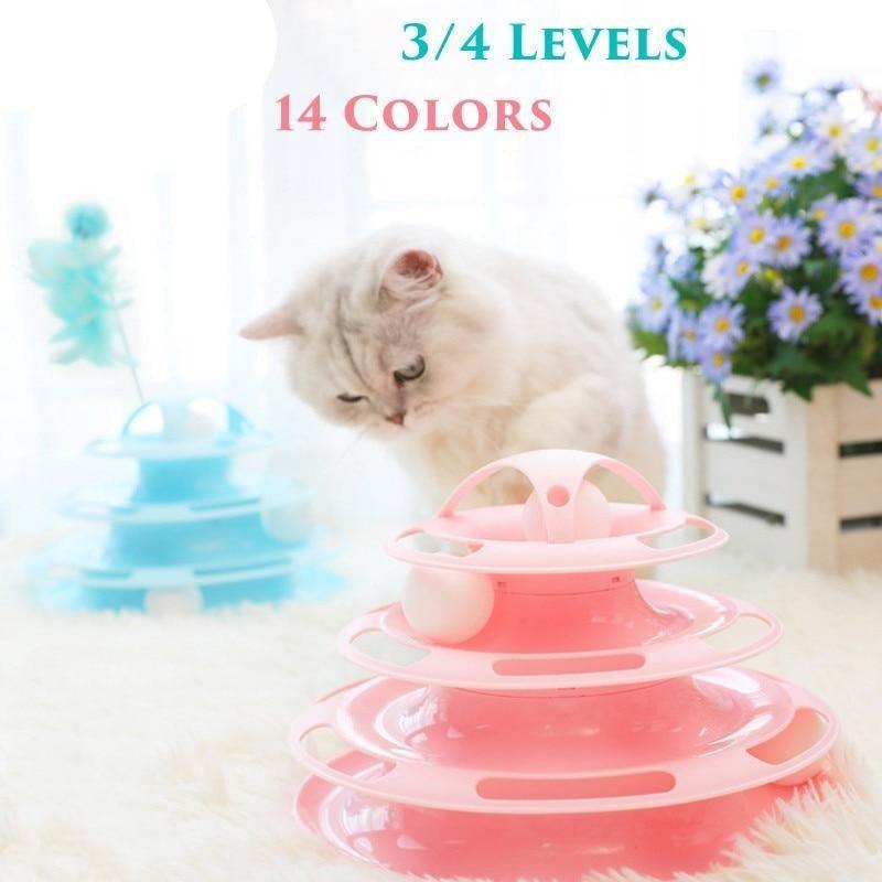 Pink plastic multi-level tumbler cat toy with three stacked discs for kitten exercise on Tampa Home & Garden Store