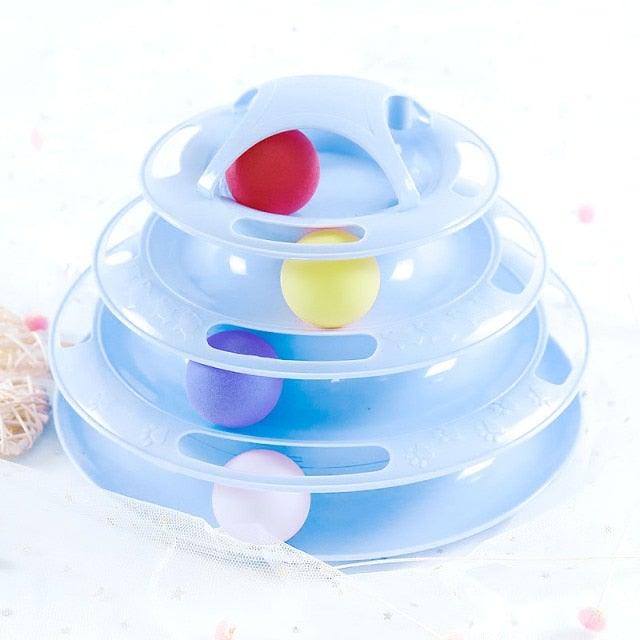 Stevvex interactive cat toy ball track with four blue discs and colorful balls on Tampa Home & Garden Store