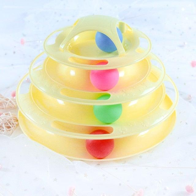 Stevvex interactive cat toy tower with yellow multilevel disc tracks and colorful balls on Tampa Home & Garden Store