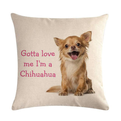 Throw Pillow Cover featuring a smiling Chihuahua on beige linen-cotton with pink text on Tampa Home & Garden Store