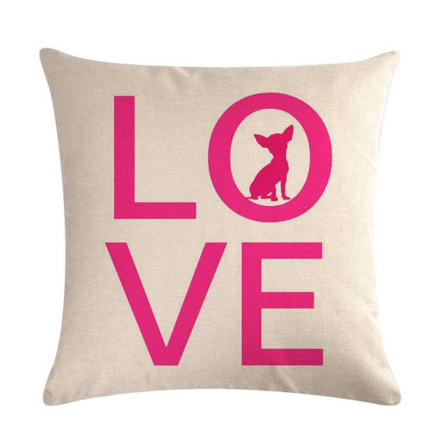 Dog pattern linen cotton pillow cover by Stevvex pink LOVE and dog silhouette on beige on Tampa Home & Garden Store