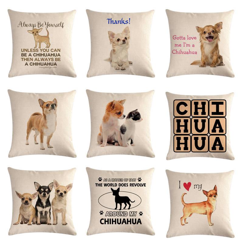 Dog-themed linen cotton throw pillow covers Stevvex 9-piece with Chihuahua photos on cushions on Tampa Home & Garden Store
