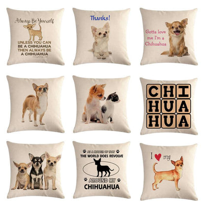 Dog-themed linen cotton throw pillow covers Stevvex 9-piece with Chihuahua photos on cushions on Tampa Home & Garden Store