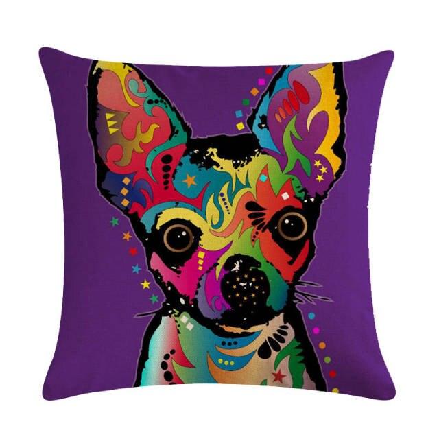 Stevvex throw pillow cover with bold multicolor dog pattern on purple linen-cotton, 1 cushion on Tampa Home & Garden Store