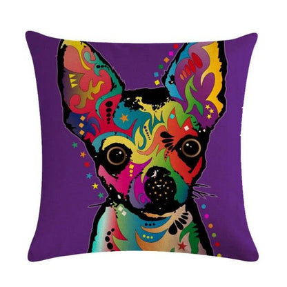 Stevvex throw pillow cover with bold multicolor dog pattern on purple linen-cotton, 1 cushion on Tampa Home & Garden Store