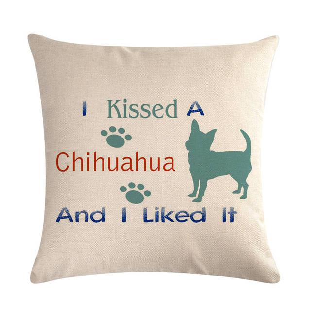 Beige linen cotton dog throw pillow cover with Chihuahua teal silhouette and paw prints on Tampa Home & Garden Store