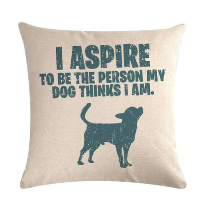Stevvex dog throw pillow cover, linen-cotton beige with navy text and dog silhouette on Tampa Home & Garden Store