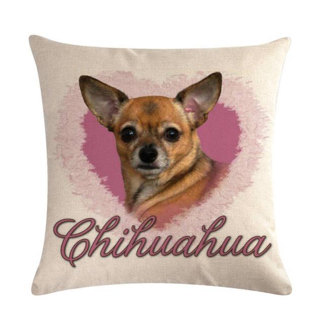 Chihuahua throw pillow cover in beige linen-cotton with pink heart, Stevvex ST38BE7700WKI on Tampa Home & Garden Store
