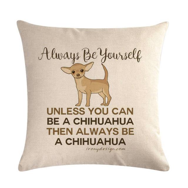 Dog-themed linen-cotton throw pillow cover in beige with Chihuahua graphic by Stevvex on Tampa Home & Garden Store