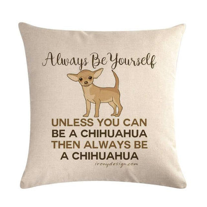 Dog-themed linen-cotton throw pillow cover in beige with Chihuahua graphic by Stevvex on Tampa Home & Garden Store