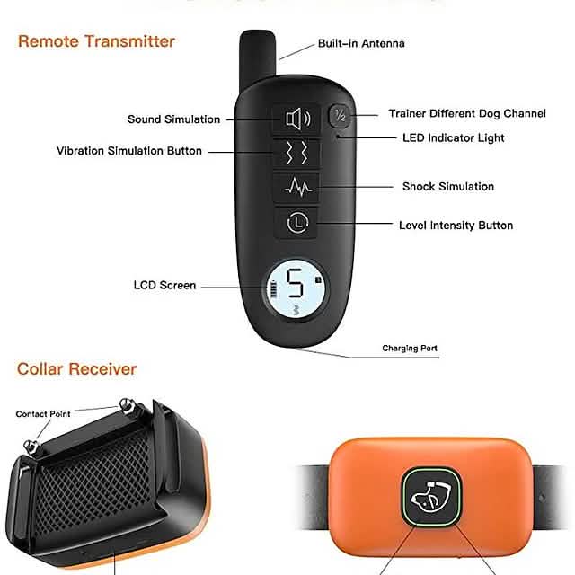Pet Dog Shock Collar with Remote; black transmitter with LCD and orange collar receiver on Tampa Home & Garden Store