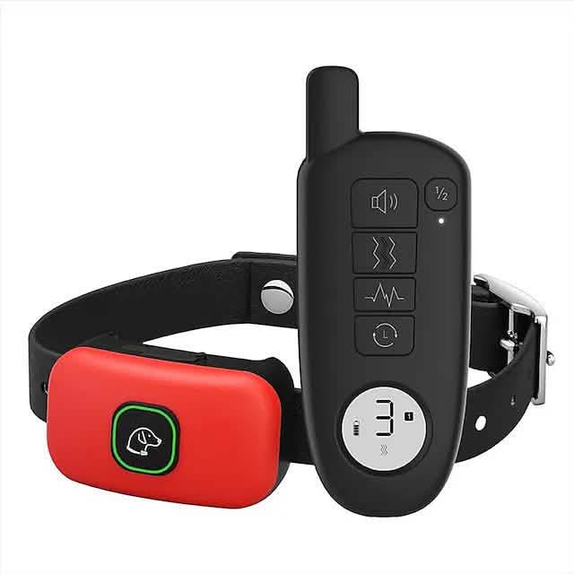 Dog shock collar with remote DailySale, black handheld remote with LCD display and 4 buttons, red collar receiver and adjustable strap on Tampa Home & Garden Store