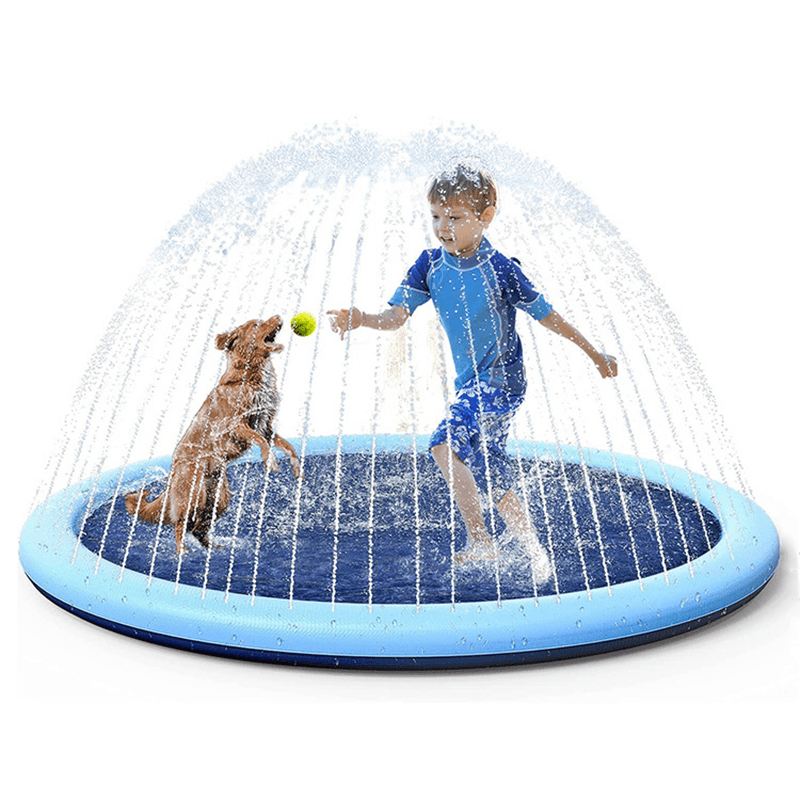 Pet sprinkler pool blue inflatable circular splash pad for dogs and kids, 2 players under spray on Tampa Home & Garden Store
