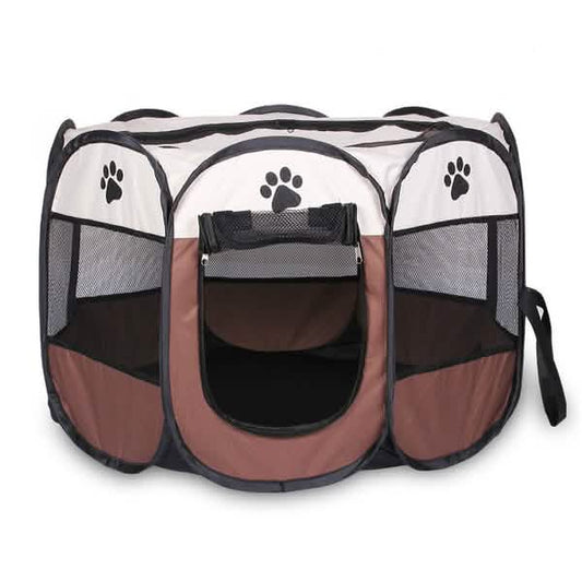 Pet tent portable playpen by DailySale, brown beige fabric with mesh panels and paw print design on Tampa Home & Garden Store