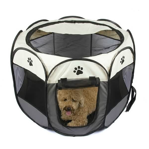 Pet Tent Portable Playpen by DailySale, beige/gray round dog enclosure with paw-print panels on Tampa Home & Garden Store