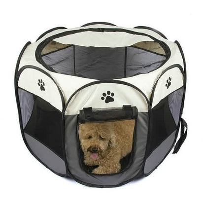 Pet Tent Portable Playpen by DailySale, beige/gray round dog enclosure with paw-print panels on Tampa Home & Garden Store