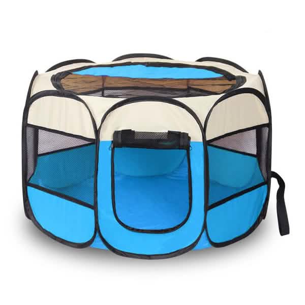Pet Tent Portable Playpen blue beige foldable pet enclosure with mesh panels by DailySale on Tampa Home & Garden Store
