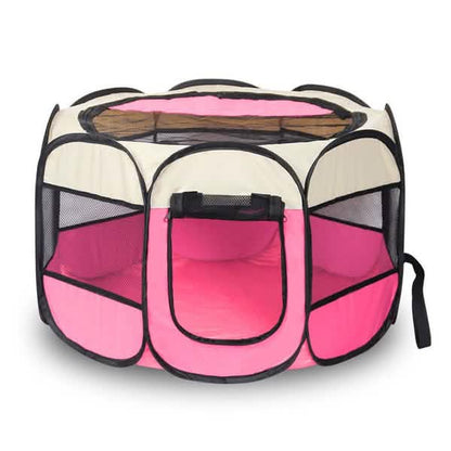 Pet Tent Portable Playpen by DailySale in pink with beige panels and mesh sides on Tampa Home & Garden Store