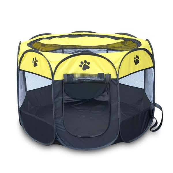 Pet Tent Portable Playpen DailySale yellow navy fabric with mesh panels and paw prints on Tampa Home & Garden Store