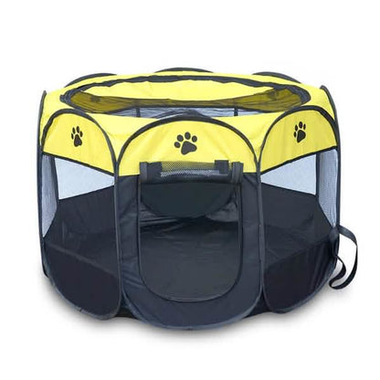 Pet Tent Portable Playpen DailySale yellow navy fabric with mesh panels and paw prints on Tampa Home & Garden Store