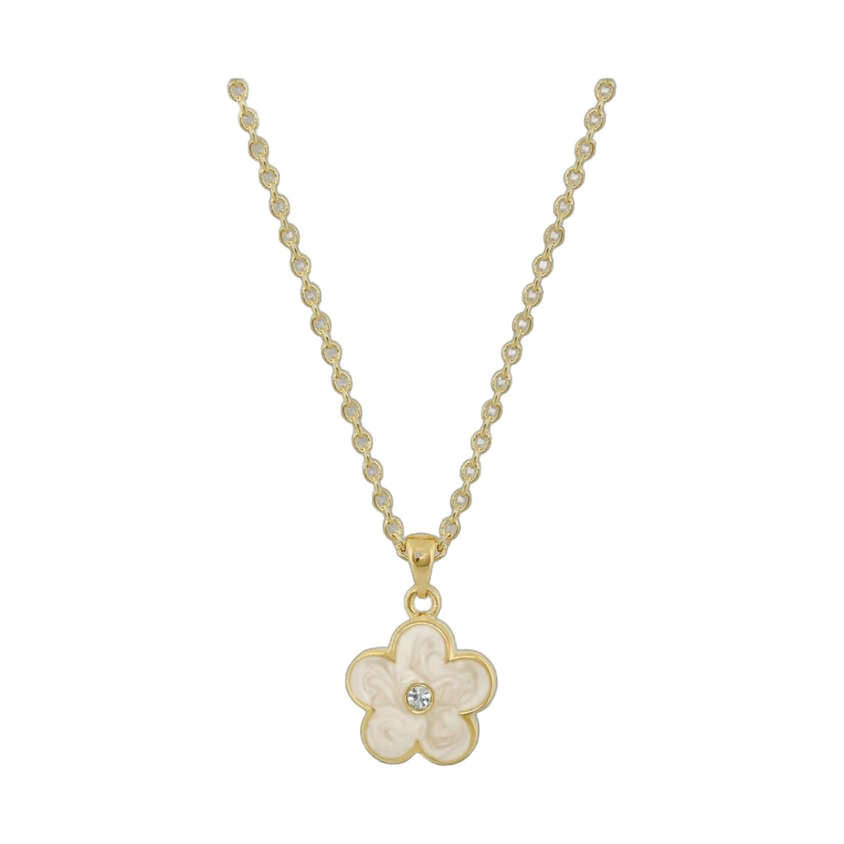Flower Girl Necklace gold tone chain with cream enamel flower pendant and crystal on Tampa Home & Garden Store