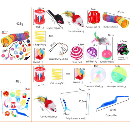 Stevvex cat toy assortment bundle with rainbow tunnel, feather mice, bells and balls on Tampa Home & Garden Store