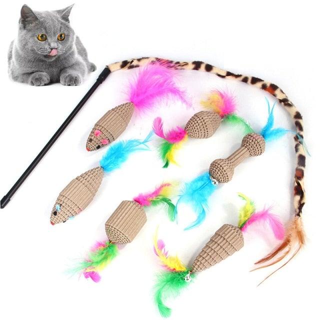 Stevvex cat toy set with colorful feathered mice and foldable rainbow tunnel on Tampa Home & Garden Store