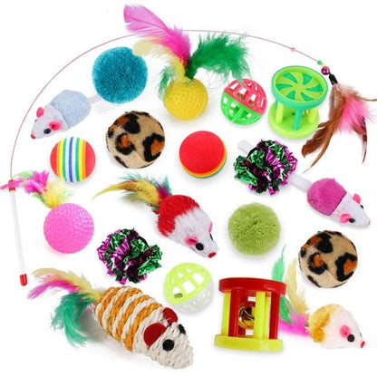 Cat toy bundle by Stevvex with mouse plush toys, feathers, balls, and rainbow tunnel on Tampa Home & Garden Store