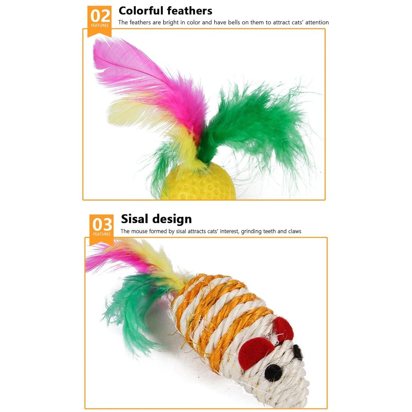 Stevvex 2-piece cat toy bundle with rainbow feather ball and sisal rope mouse on Tampa Home & Garden Store