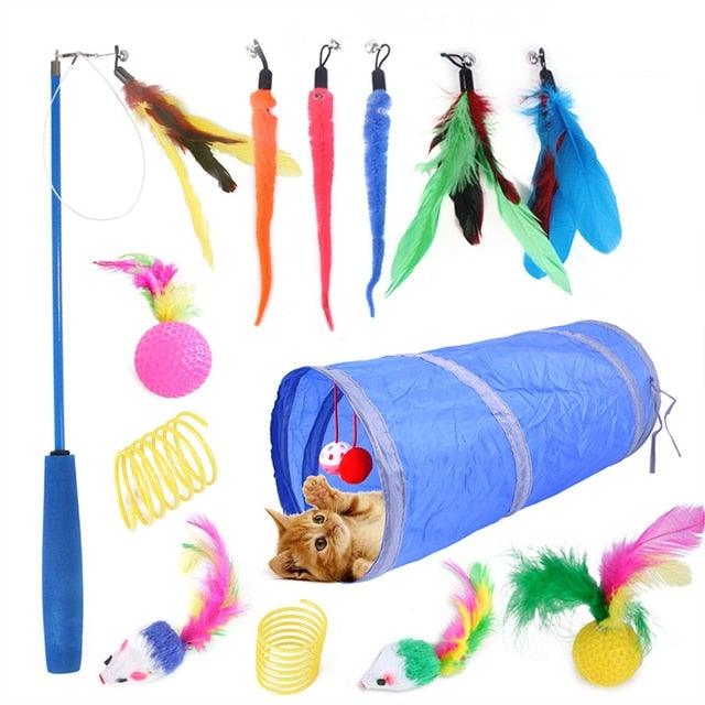 Stevvex cat tunnel play set blue foldable tunnel with feather wands and plush mice on Tampa Home & Garden Store
