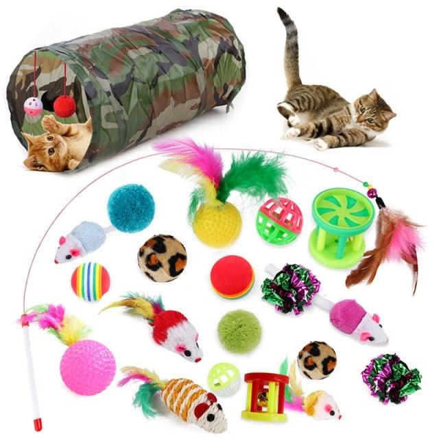 Stevvex cat tunnel toy with camouflage foldable design and assorted interactive toys on Tampa Home & Garden Store