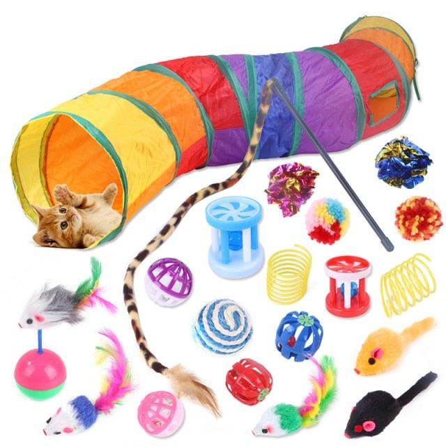Rainbow foldable cat tunnel with assorted interactive cat toys including feathers, mice and balls on Tampa Home & Garden Store