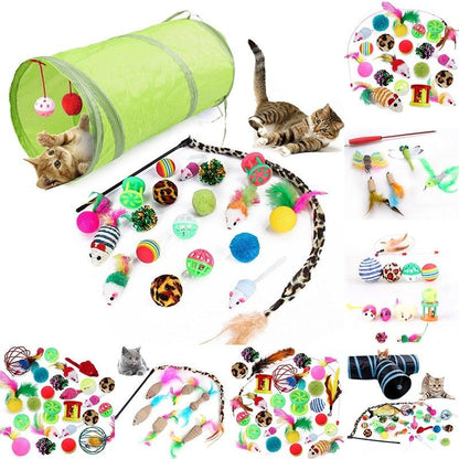 Stevvex cat toys bundle with foldable lime-green tunnel and rainbow mice, feathers on Tampa Home & Garden Store