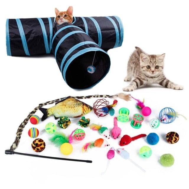 Stevvex cat tunnel toy set, foldable rainbow tunnel with assorted interactive cat toys on Tampa Home & Garden Store