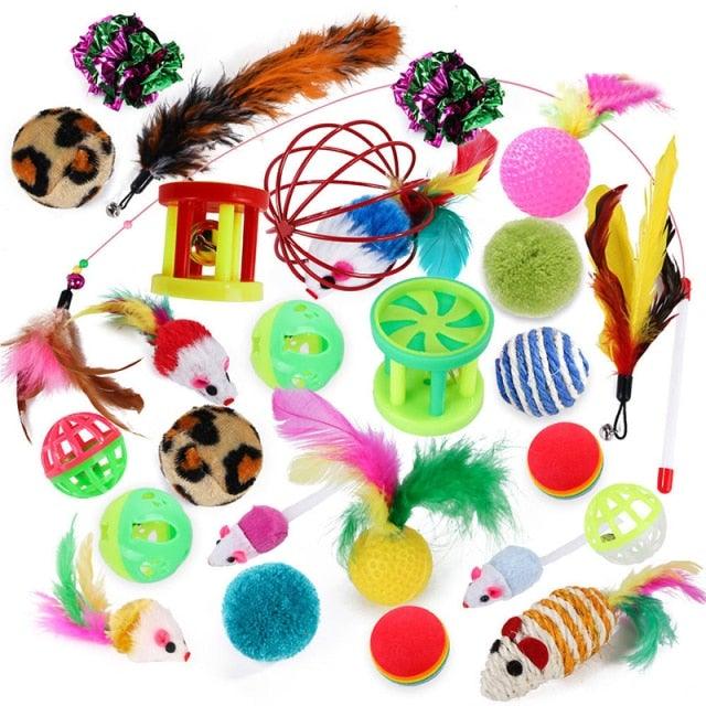 Stevvex cat toy set with rainbow foldable tunnel, feather toys, plush mice, and bright balls on Tampa Home & Garden Store