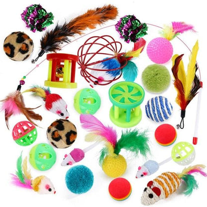 Stevvex cat toy set with rainbow foldable tunnel, feather toys, plush mice, and bright balls on Tampa Home & Garden Store