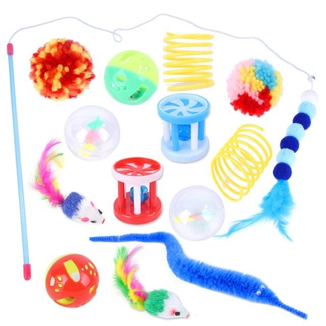 Stevvex cat toy set assorted including rainbow tunnel, feather wand, plush mice and balls on Tampa Home & Garden Store