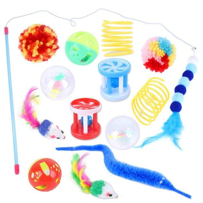 Stevvex cat toy set assorted including rainbow tunnel, feather wand, plush mice and balls on Tampa Home & Garden Store