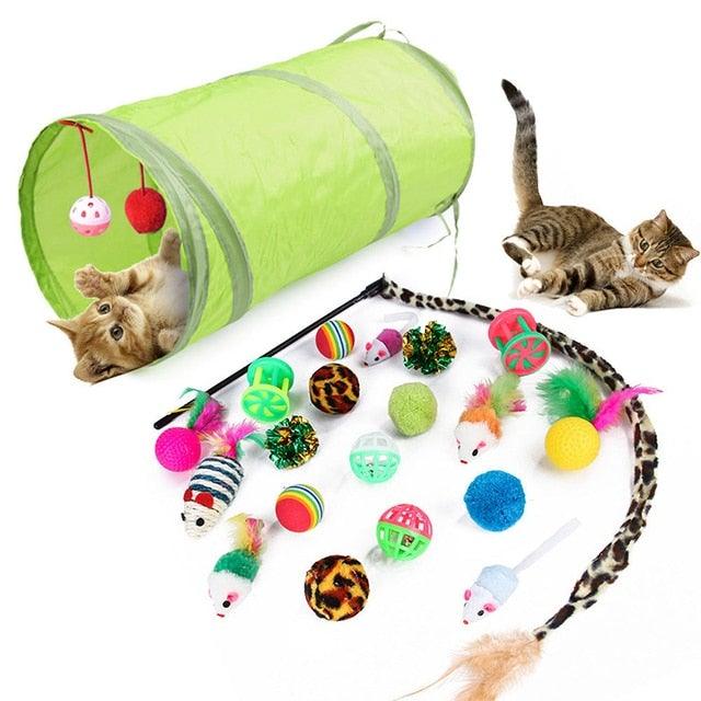 Stevvex foldable neon green cat tunnel with assorted balls, fluffy mice and feather toys Store on Tampa Home & Garden Store