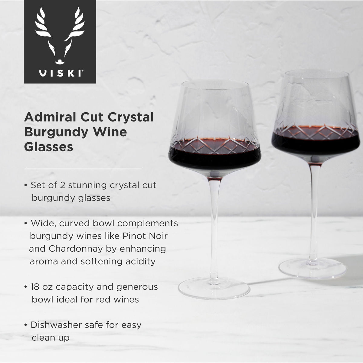 Admiral Cut Crystal Burgundy Wine Glasses, set of 2 stemmed glasses by Viski on Tampa Home & Garden Store