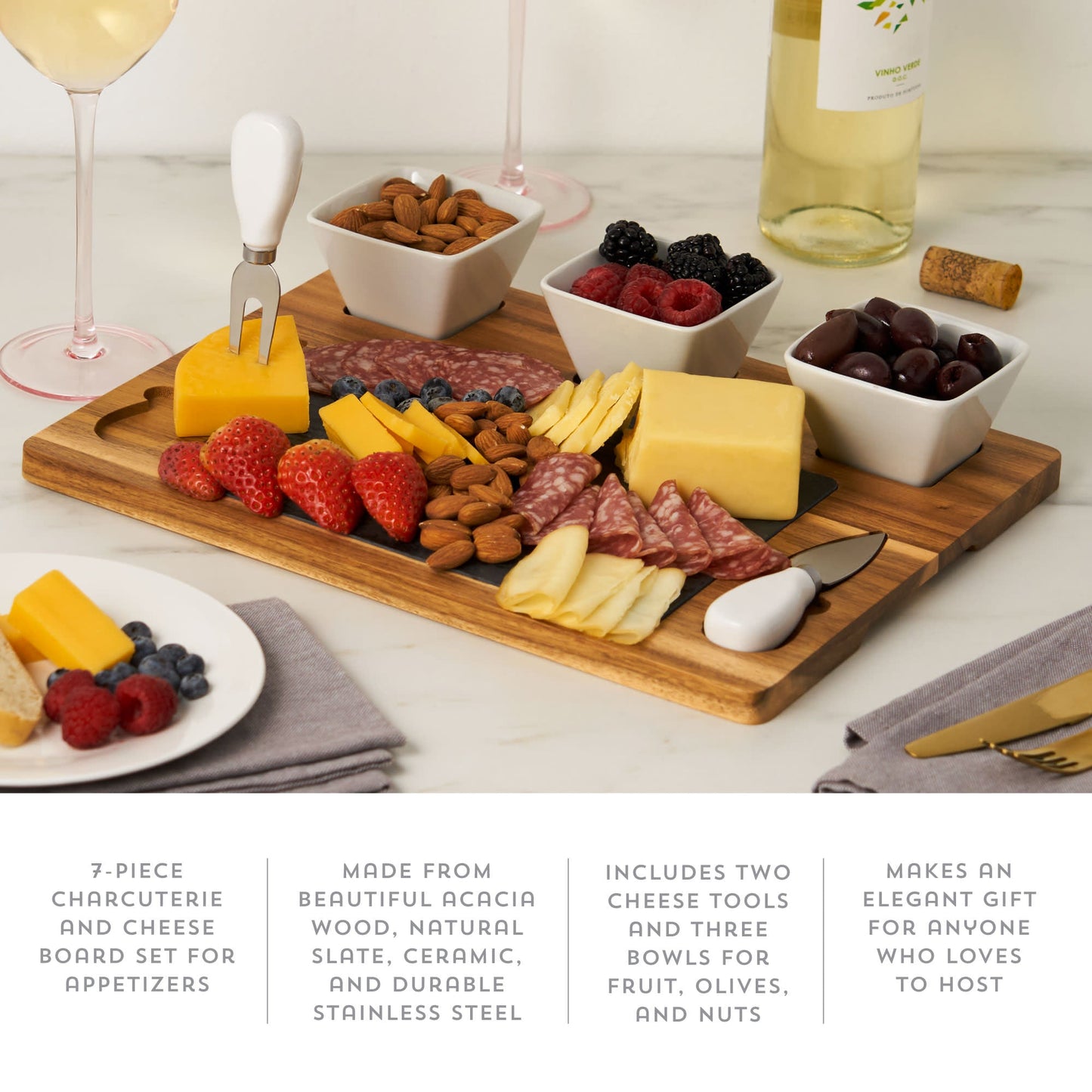 Acacia and Slate Cheese Board with Ceramic Bowls
