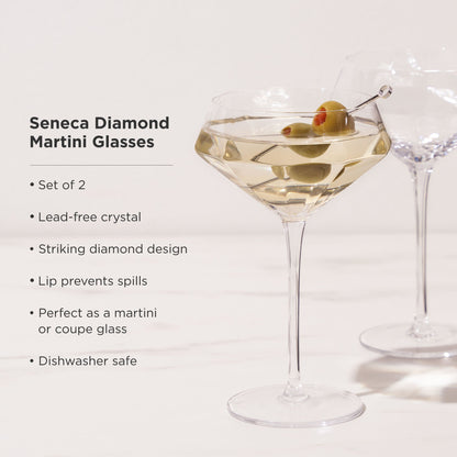 Seneca Diamond Crystal Martini Glasses set of 2 by Viski, stemmed crystal cocktail glasses on Tampa Home & Garden Store