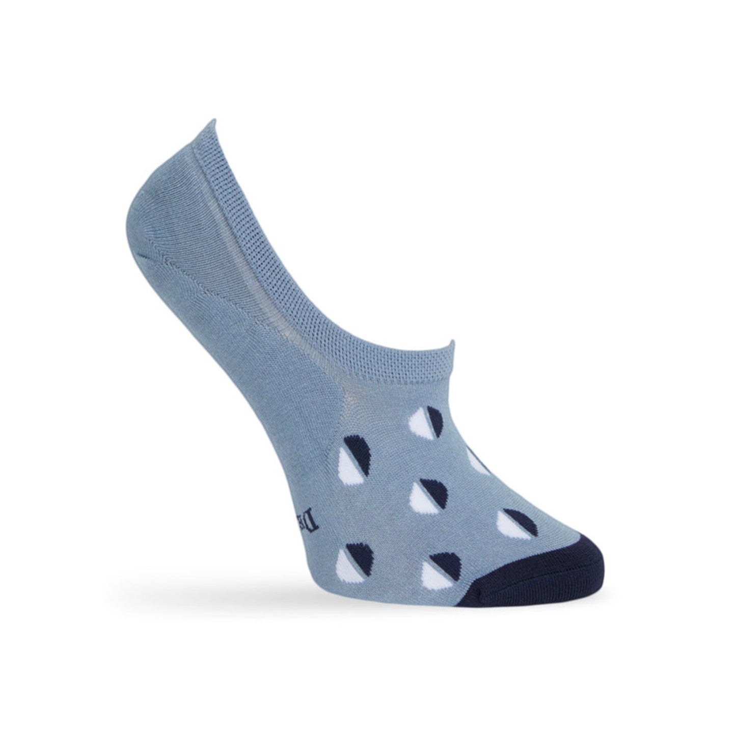 DeadSoxy Phillips No Show women's footie sock in light blue with navy heel and toe and shapes on Tampa Home & Garden Store