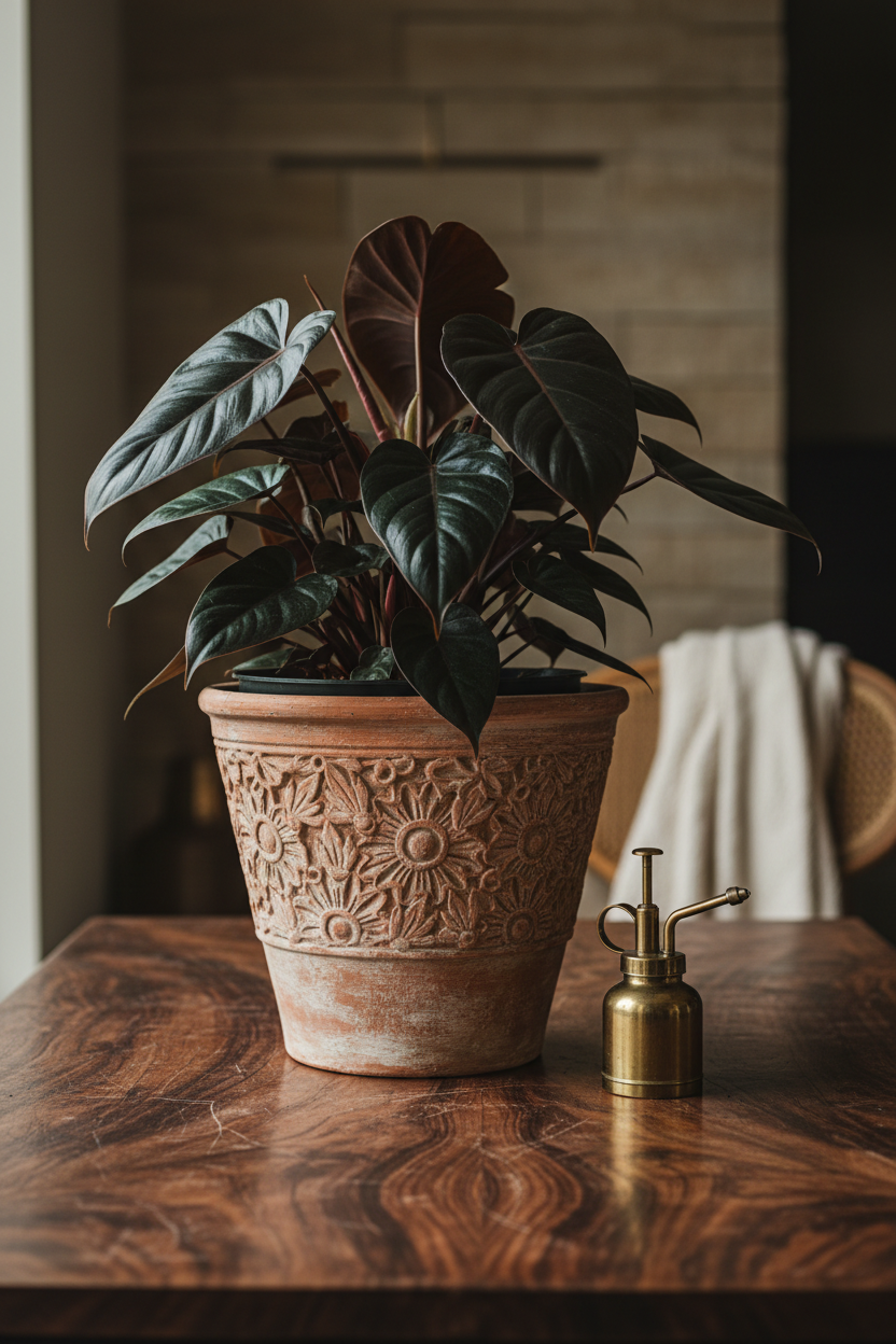 Philodendron Black Cardinal 4 inch plant in a textured terracotta pot with dark glossy leaves on Tampa Home & Garden Store