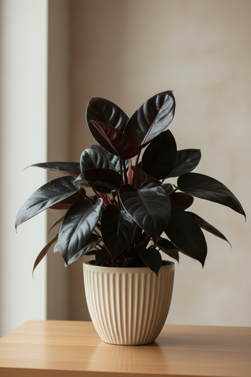 Philodendron Black Cardinal 4-inch plant with burgundy leaves in pot Rooted Treasures Farms Store on Tampa Home & Garden Store