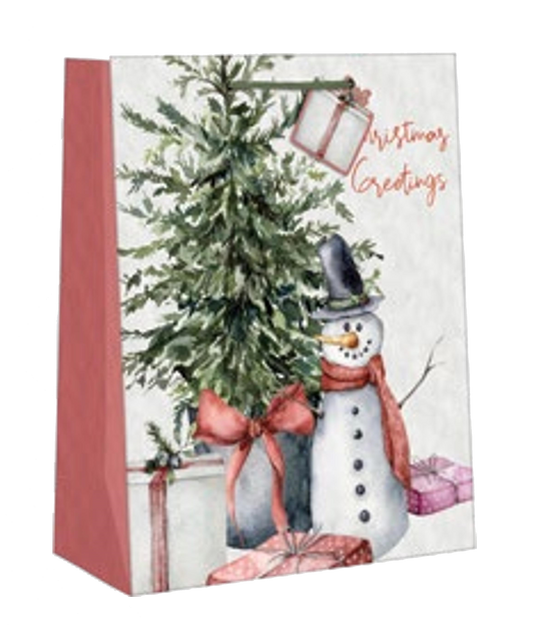 Traditional Snowman Greetings Gift Bag Large with red trim on Tampa Home & Garden Store