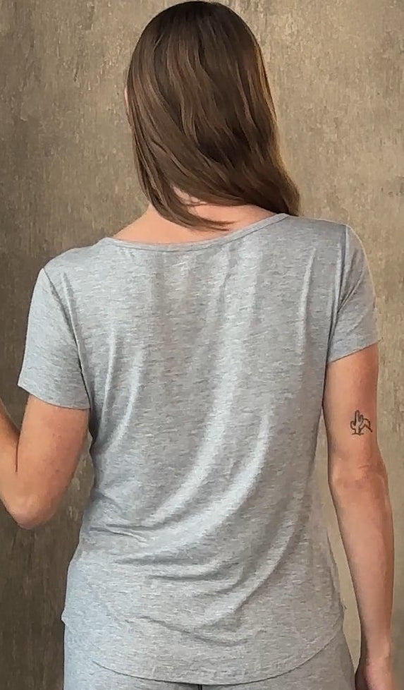 Women’s Bamboo Lounge Set T-Shirt + Shorts, heather gray, Spun Bamboo fabric, back view on Tampa Home & Garden Store